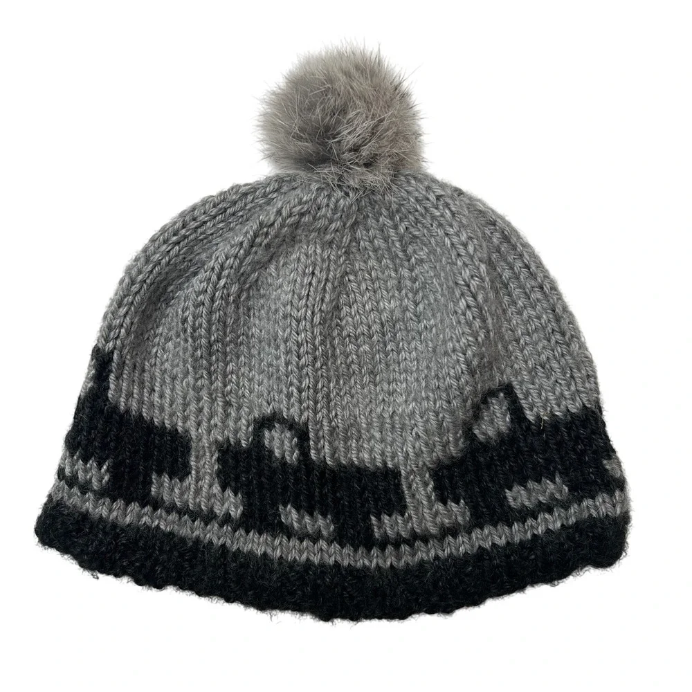 Kids Gray Black Knit Real Fur Pom Pom Hat with Truck Pattern Winter Warm Beanie